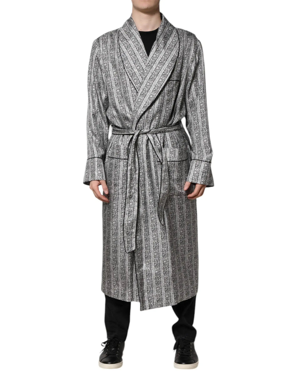 Dolce & gabbana robe manteau à fleurs multicolores en tissu gris et blanc avec texture subtile à rayures