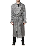 Dolce & gabbana robe manteau à fleurs multicolores en tissu gris et blanc avec texture subtile à rayures