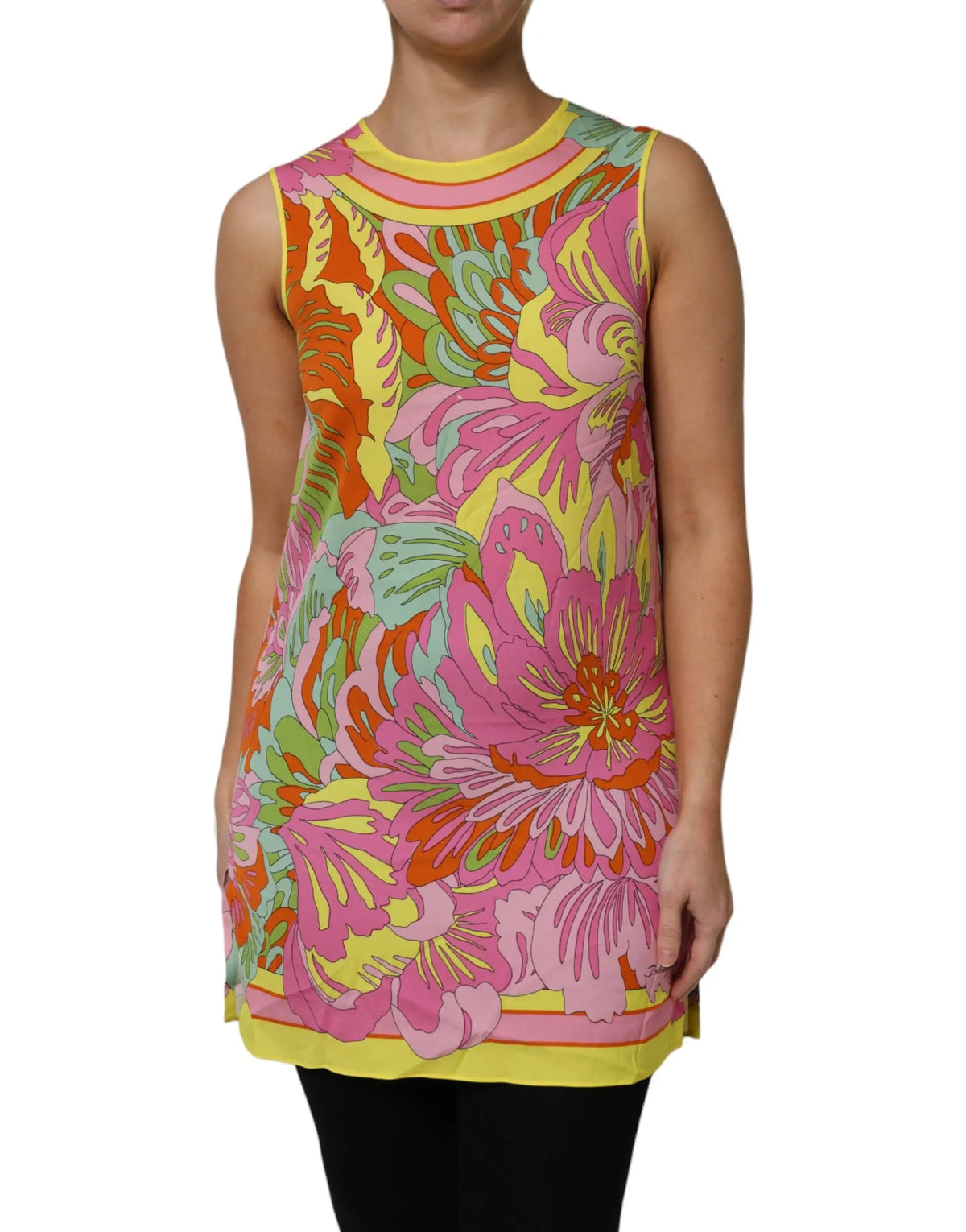 Vibrant tunique sans manches dolce & gabbana à imprimé floral multicolore avec col géométrique audacieux