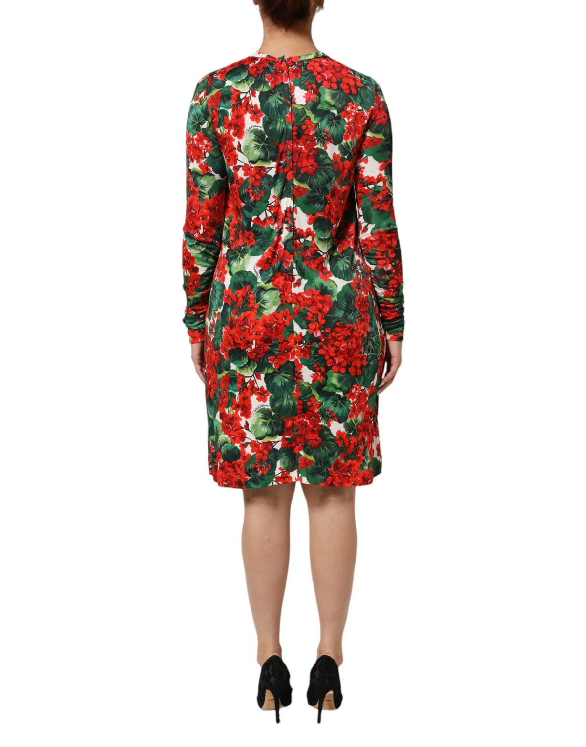 Robe courte portofino dolce & gabbana à imprimé floral rouge et vert vif avec manches longues et silhouette ajustée