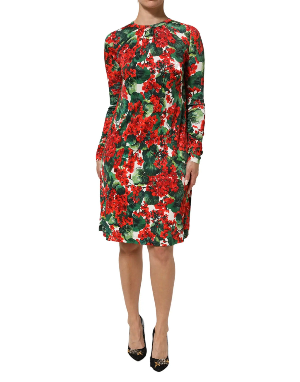 Robe portofino courte Dolce & Gabbana à imprimé floral rouge et vert vif en tissu fluide manches longues col rond