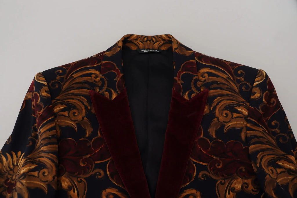 Dolce & gabbana multicolor floral single breasted martini blazer en velours noir avec broderies baroques dorées et bordeaux et revers en velours bordeaux