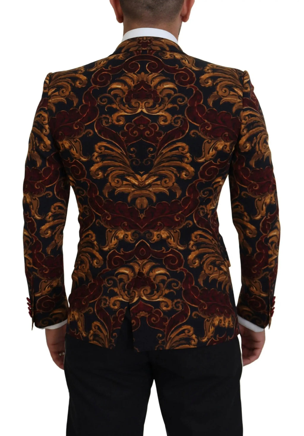 Dolce & gabbana blazer martini simple boutonné en velours damas bordeaux foncé et or richement texturé