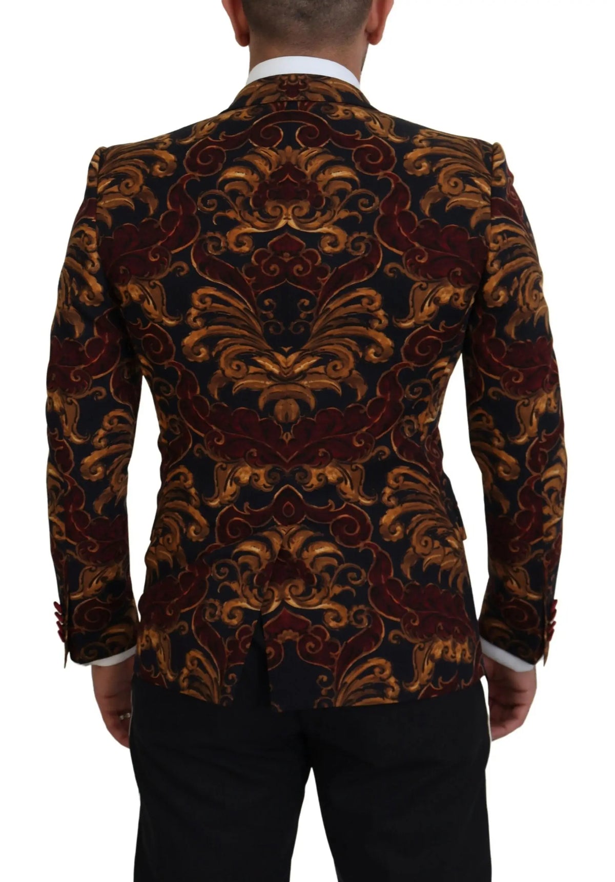 Dolce & gabbana blazer martini simple boutonné en velours damas bordeaux foncé et or richement texturé