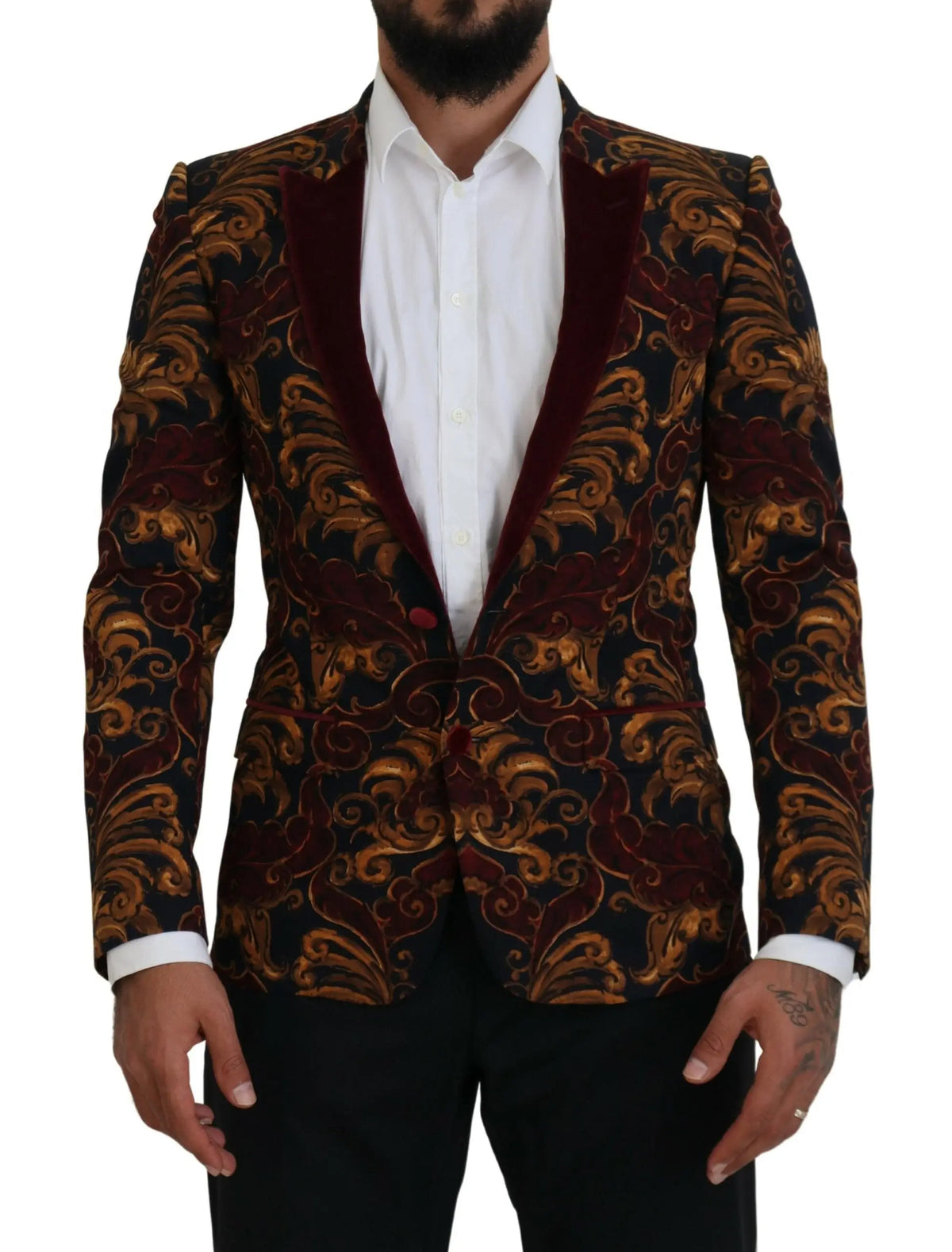 Blazer martini dolce & gabbana en velours bordeaux et or richement brodé avec motifs floraux multicolores