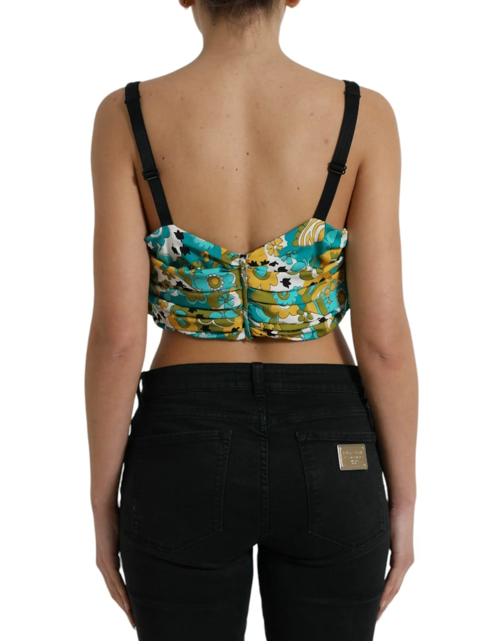 Dolce & Gabbana top court sans manches multicolore avec imprimé floral turquoise et jaune et bretelles noires réglables