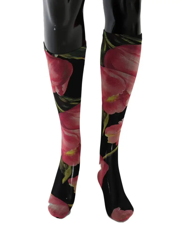 Chaussettes noires hautes dolce & gabbana en nylon avec motif floral multicolore tulipes roses et feuilles vertes