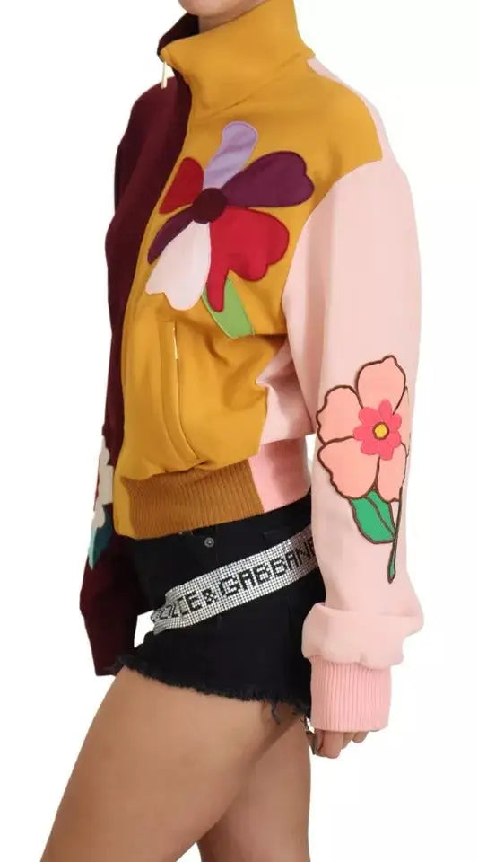 Dolce & gabbana multicolor floral viscose full zip sweater avec appliqués floraux audacieux sur tissu patchwork marron, moutarde et rose