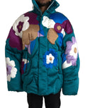 Veste matelassée dolce & gabbana bleu sarcelle avec appliqués floraux oversize multicolores en violet bleu blanc et beige