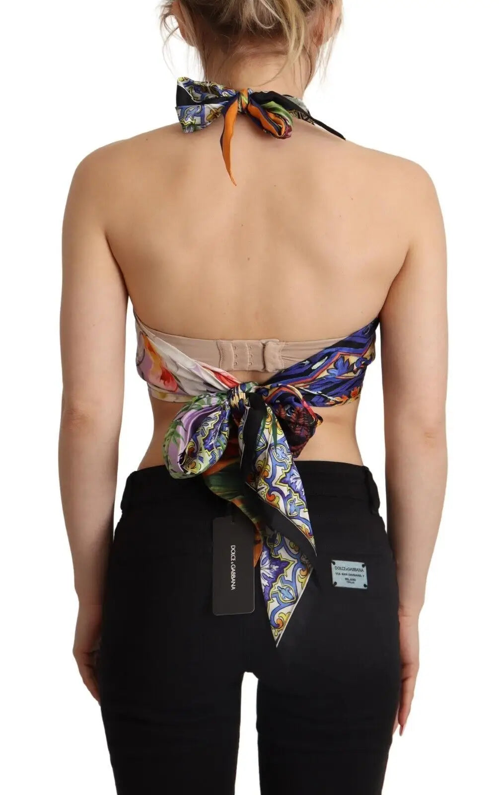 Dolce & gabbana top court foulard en soie multicolore noué style dos avec bride beige réglable et nœud décoratif