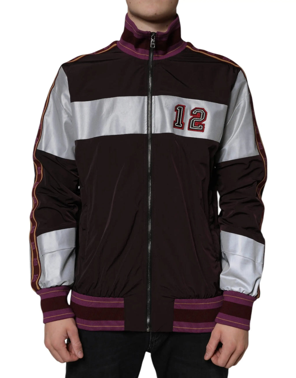 Dolce & gabbana multicolor bomber jacket homme en jersey avec zip intégral, col haut, poignets rayés et chiffres 12 en marron et argenté