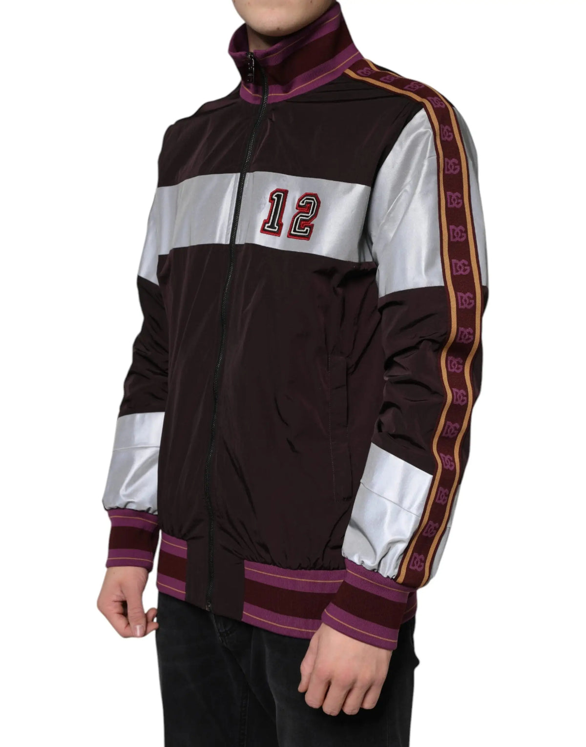 Veste bomber homme dolce gabbana multicolore en jersey avec zip intégral bordeaux et argent patch 12 et rayures réfléchissantes