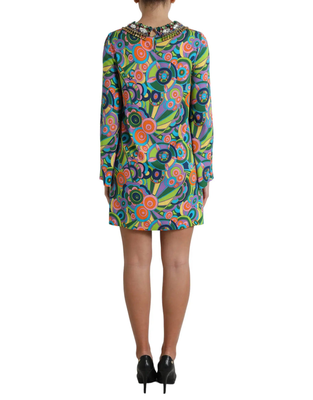 Robe midi en soie dolce gabbana multicolore avec imprimé géométrique vif et col orné de perles