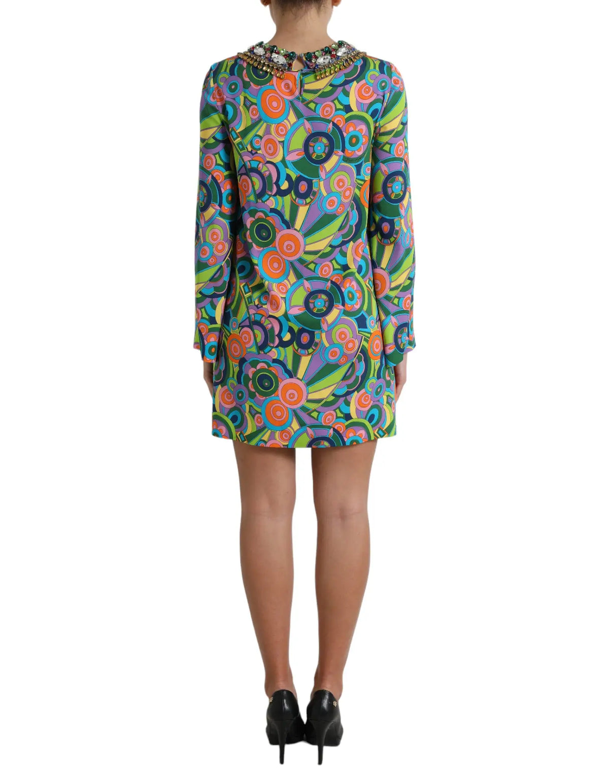 Robe midi en soie dolce gabbana multicolore avec imprimé géométrique vif et col orné de perles