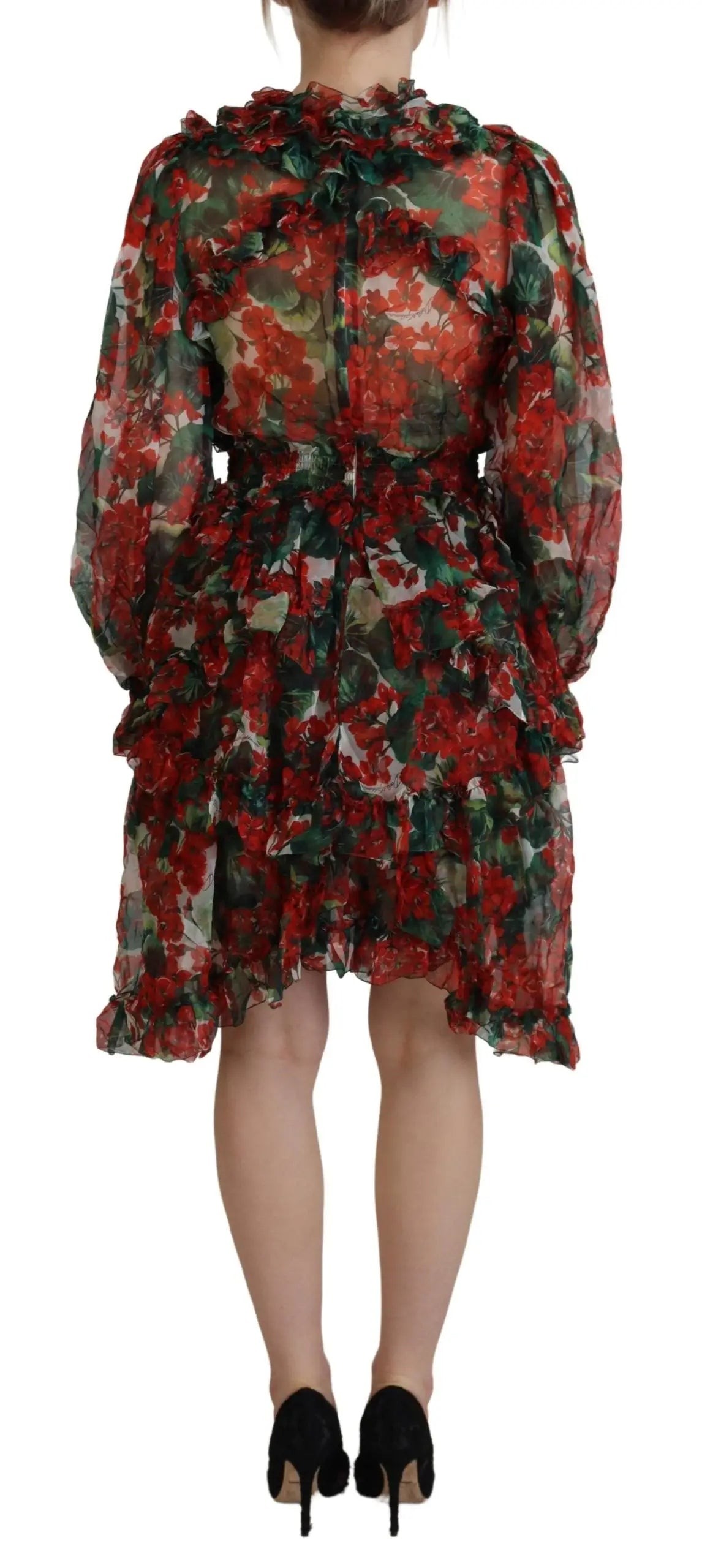 Robe dolce & gabbana multicolore geranium fluide à manches longues en imprimé floral rouge et vert avec volants au col et à l’ourlet
