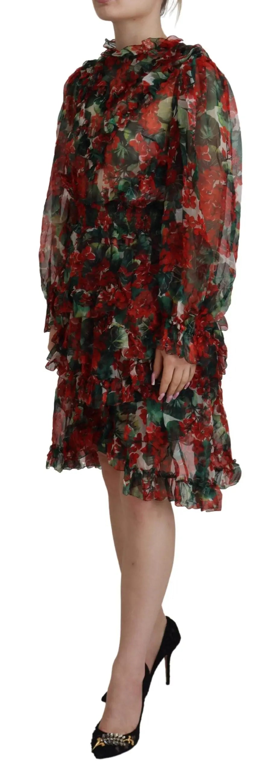 Robe à fleurs dolce & gabbana multicolore geranium mi-longue avec manches et ourlet volantés transparents
