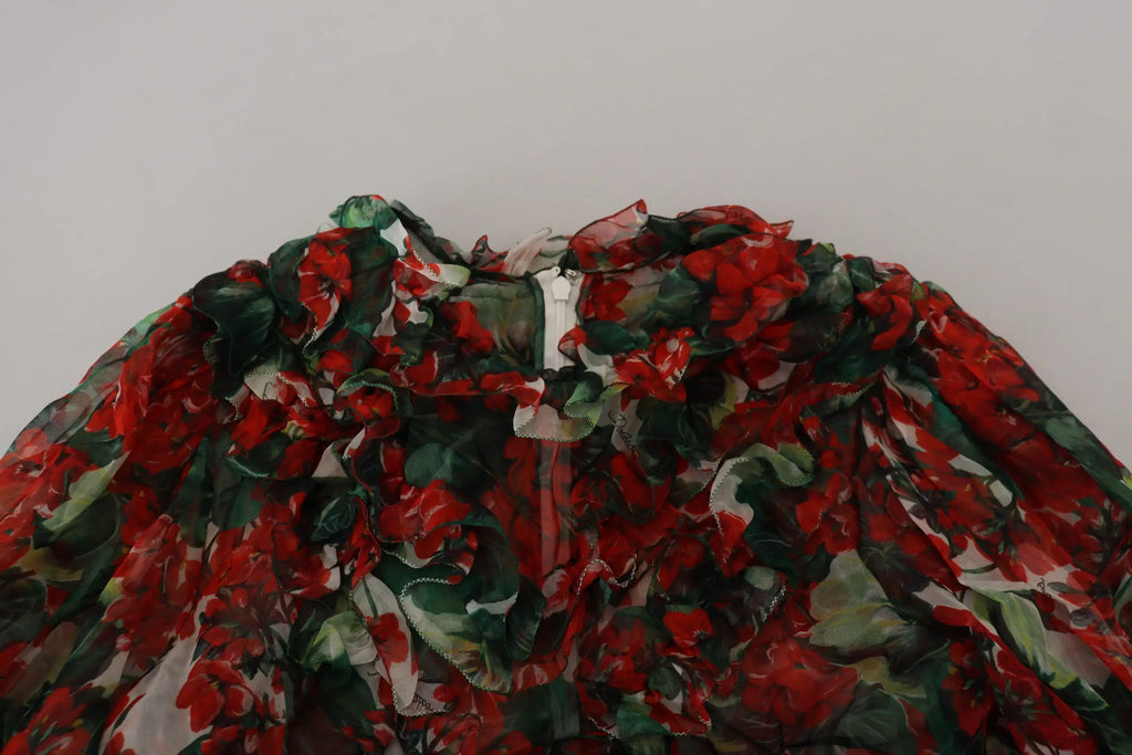 Robe dolce & gabbana multicolore geranium en forme trapèze à fleurs rouges et vertes avec tissu volanté superposé