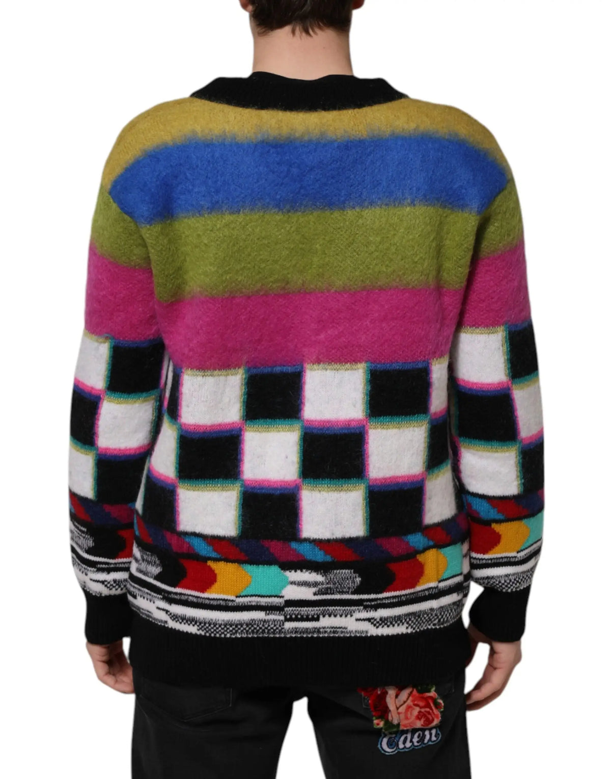 Pull over dolce & gabbana multicolore en maille rayée et à carreaux avec bandes horizontales vives jaune bleu vert rose noir blanc et arc-en-ciel