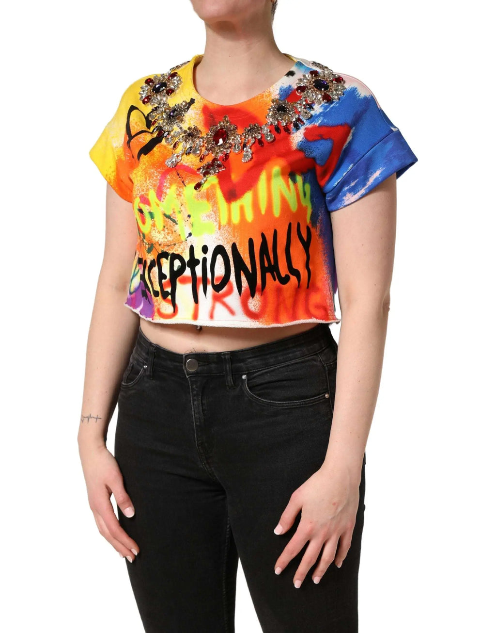 Dolce & Gabbana top court en jersey multicolore avec graffiti, éclaboussures arc-en-ciel, texte noir et perles aux épaules