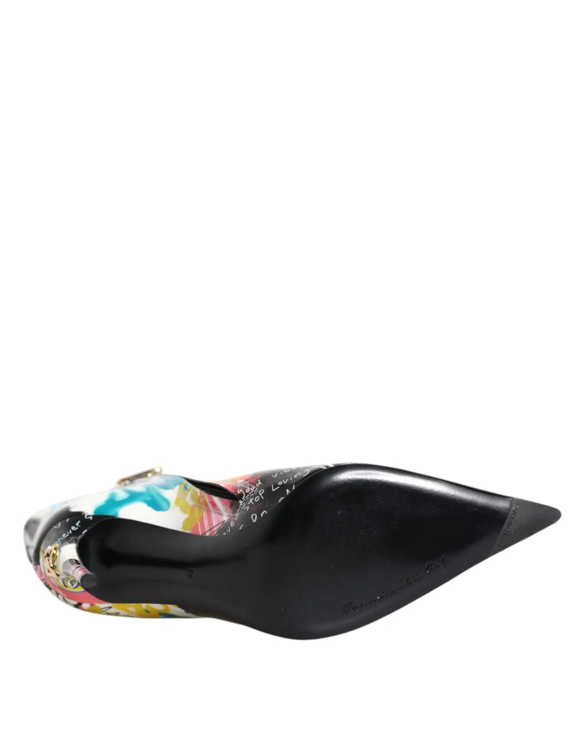 Black pointed-toe high heel shoe with colorful graffiti-style upper from dolce & gabbana multicolor graffiti keira boots