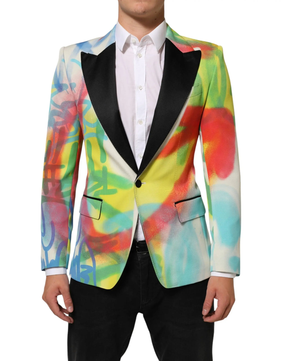 Dolce & Gabbana blazer homme multicolore graffiti avec éclats jaunes rouges verts bleus sur base blanche et revers satin noir