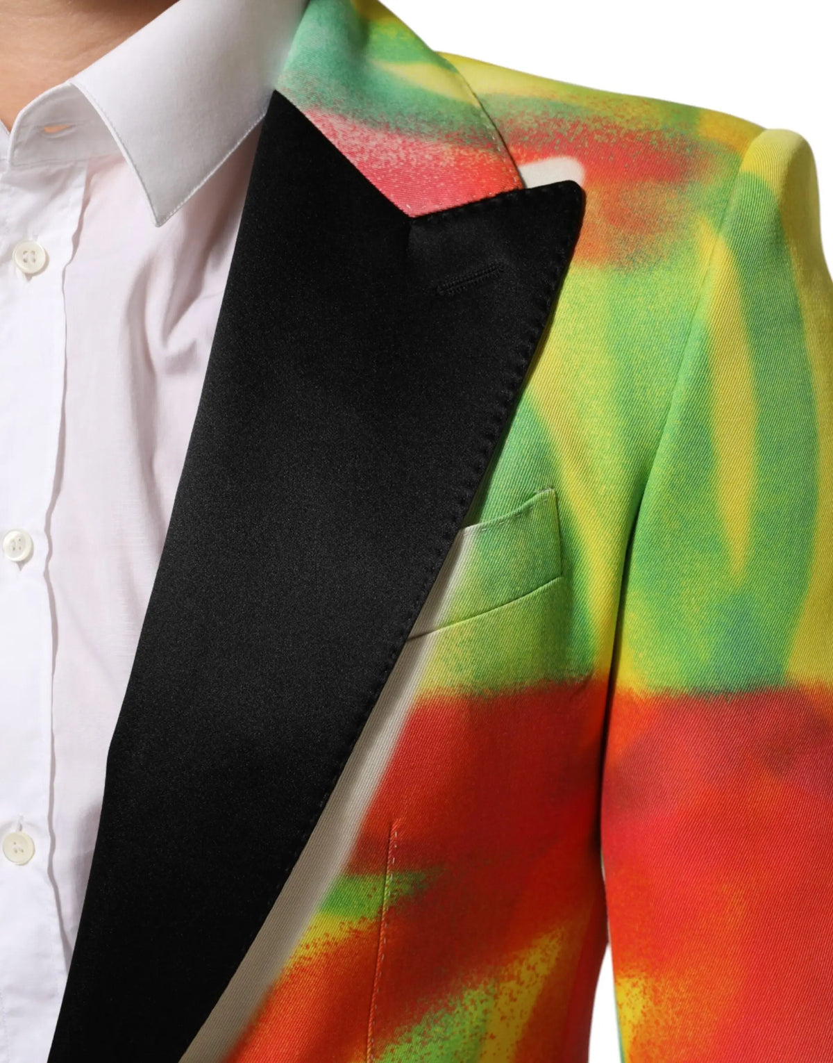 Blazer pour homme dolce & gabbana multicolore avec éclaboussures rouges, vertes et jaunes sur revers en satin noir