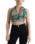 Dolce & gabbana top court halter multicolore avec motifs psychédéliques vifs et design froncé en vert orange bleu violet et jaune
