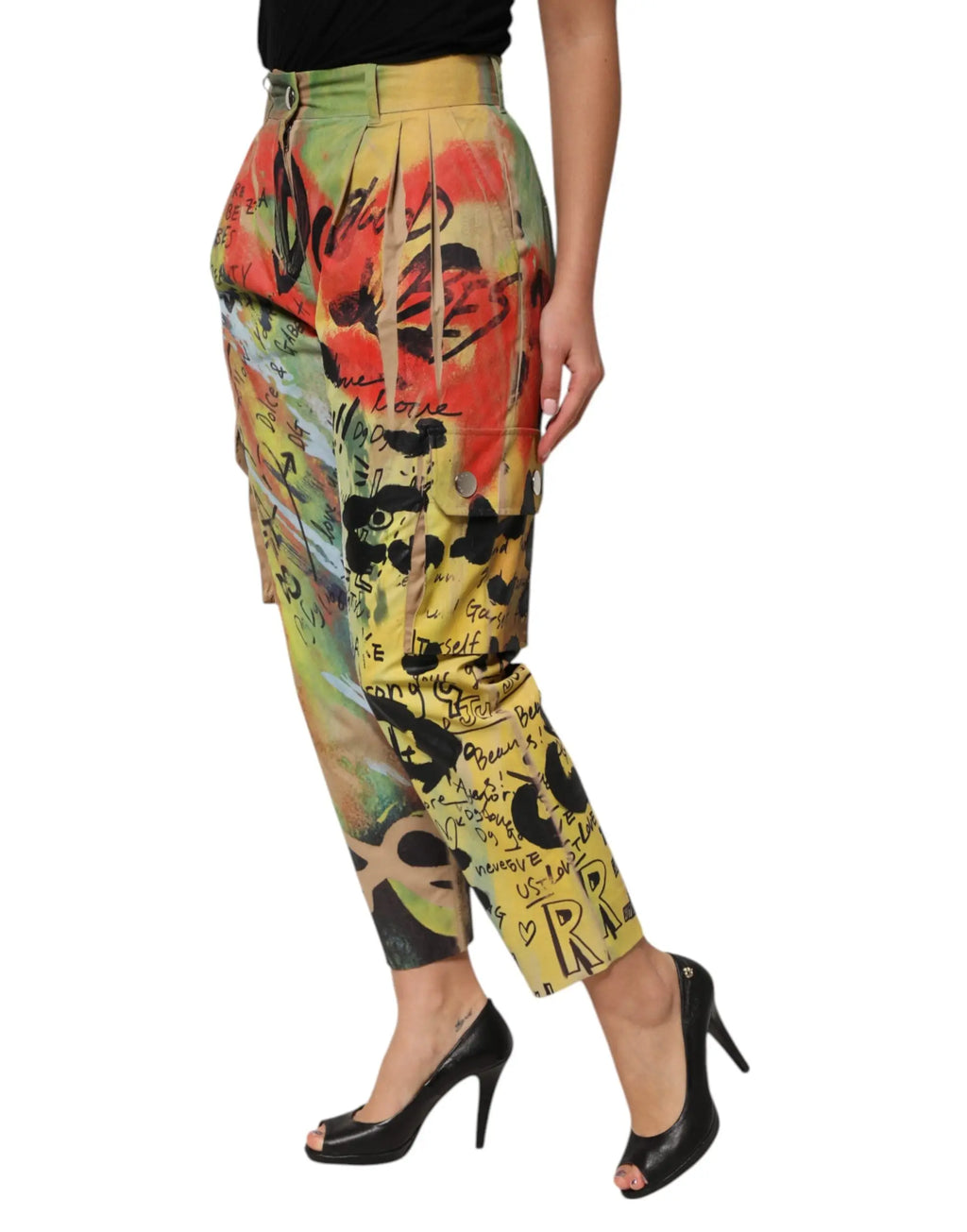 Pantalon cargo taille haute dolce & gabbana multicolore avec motifs graffiti jaune rouge vert et griffonnages noirs