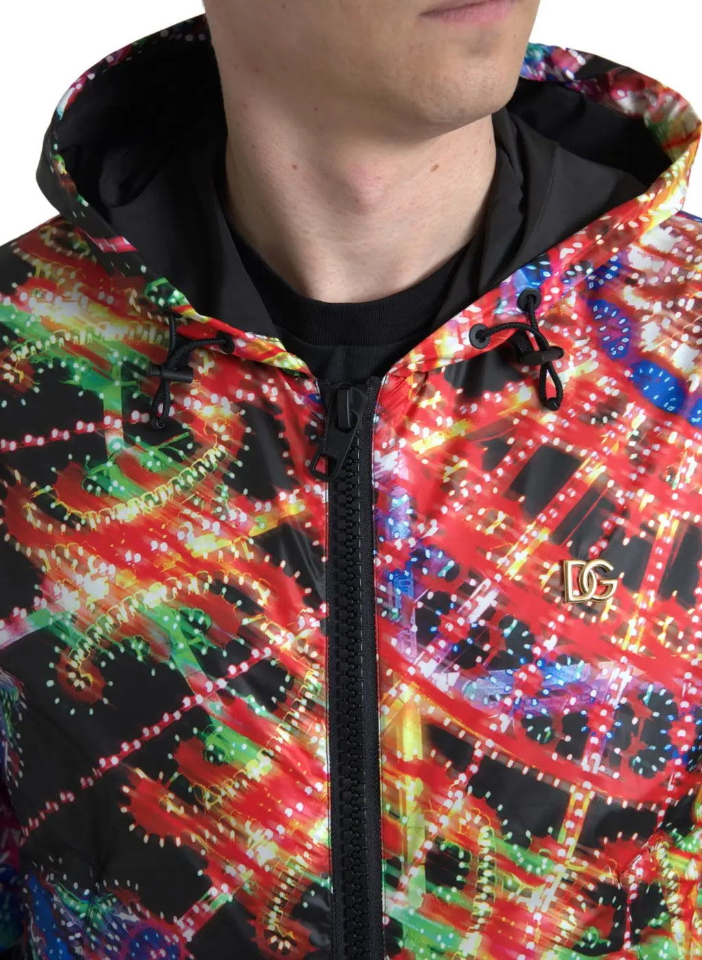 Veste matelassée dolce & gabbana multicolore à capuche avec imprimé néon et fermeture éclair noire