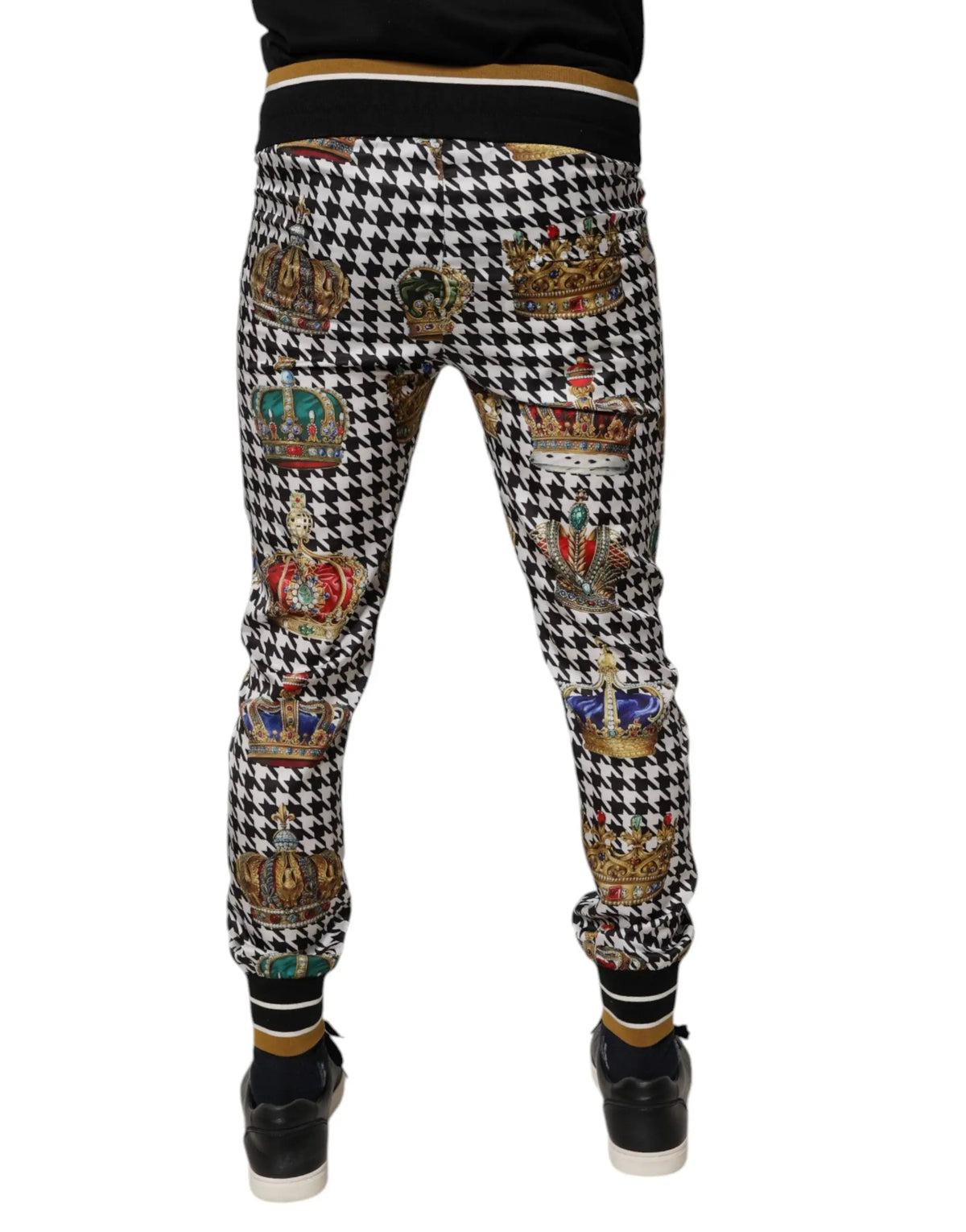 Jogging dolce & gabbana noir et blanc à motif pied-de-poule avec imprimés colorés de couronnes ornées