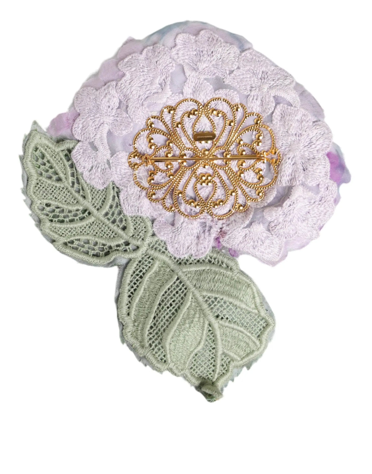 Dolce gabbana broche hydrangea multicolore en laiton doré avec fleur en dentelle lavande et feuilles brodées vert sauge