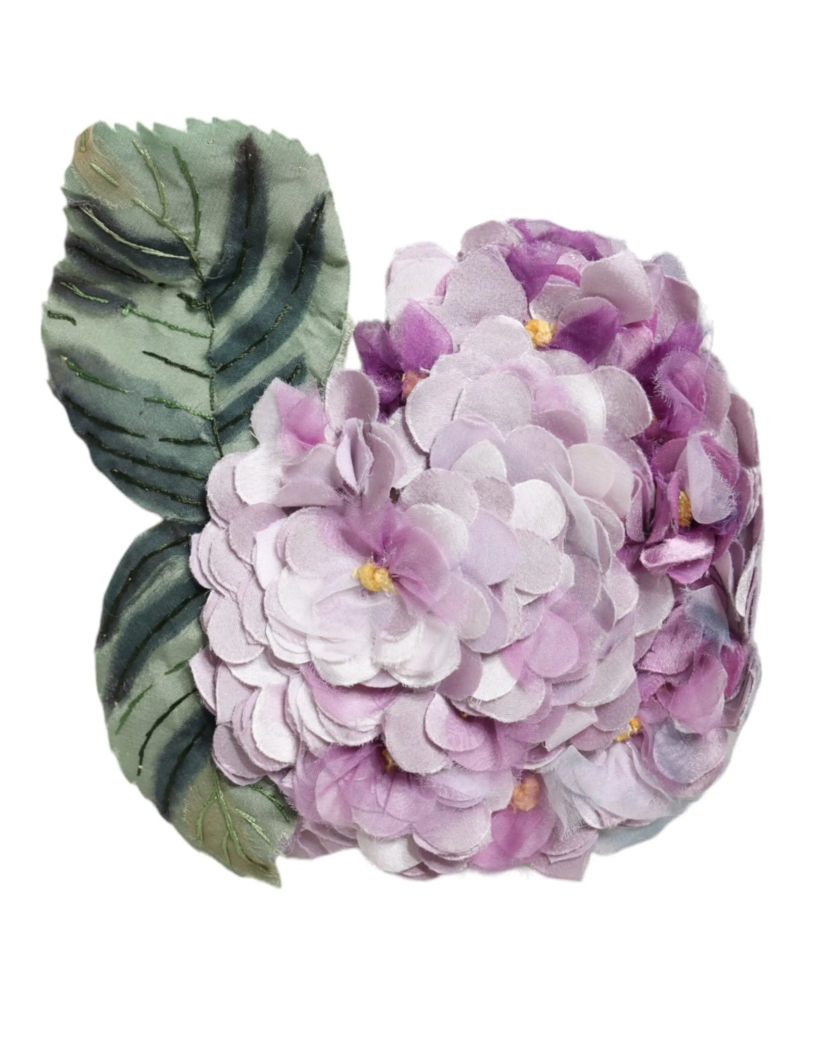 Broche hydrangea délicate multicolore dolce & gabbana en laiton doré avec pétales superposés et feuilles vertes en tissu ou résine