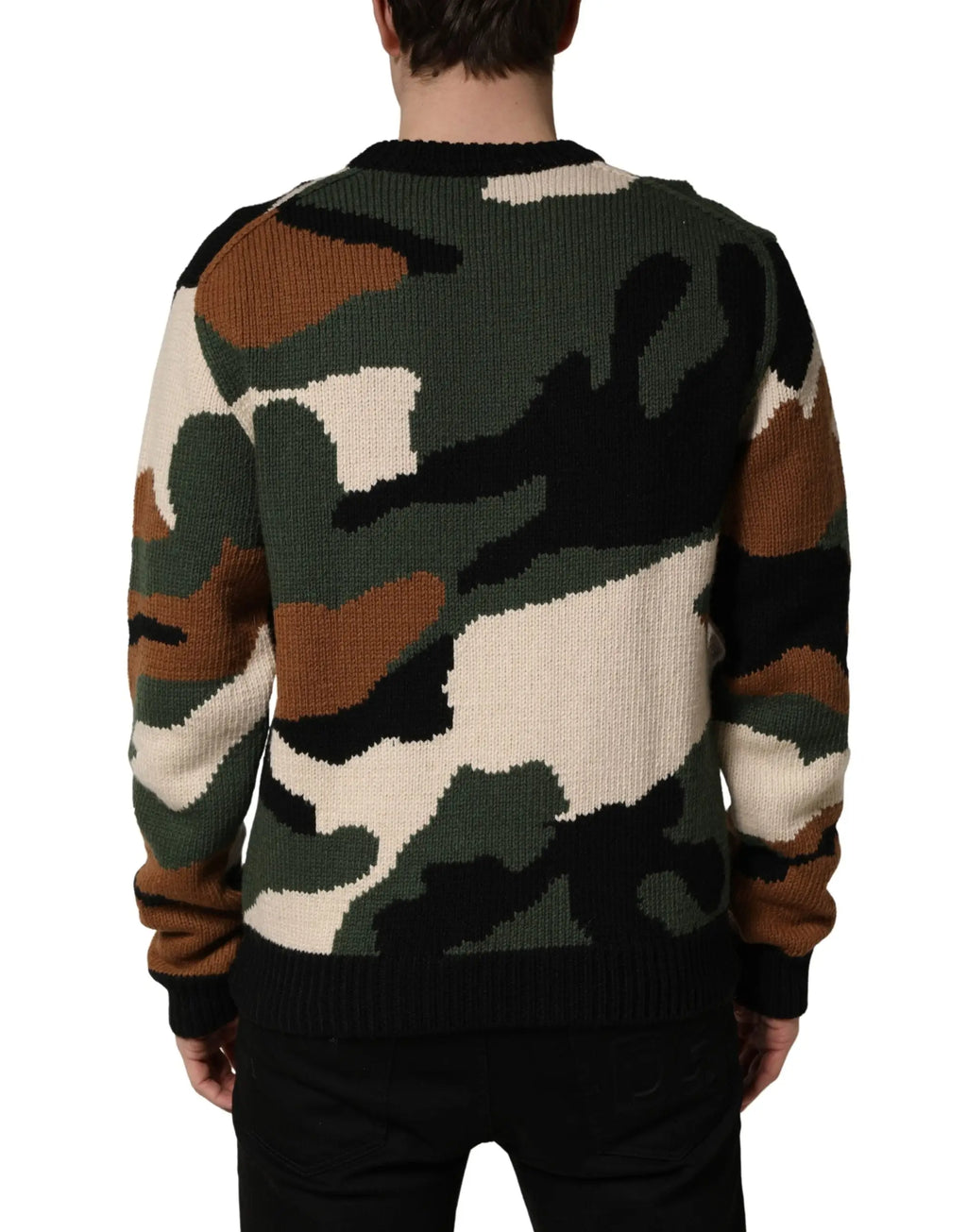 Pull-over en maille intarsia camouflage multicolore dolce & gabbana en tons terreux vert marron beige avec bordures noires