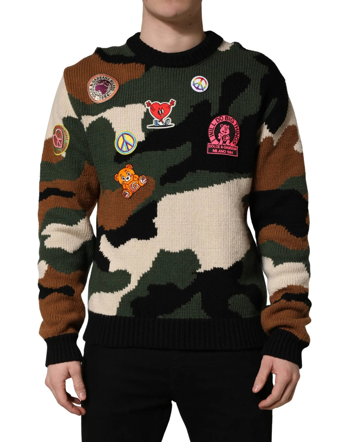 Dolce & gabbana pull en tricot camouflage multicolore avec patches brodés et col côtelé noir