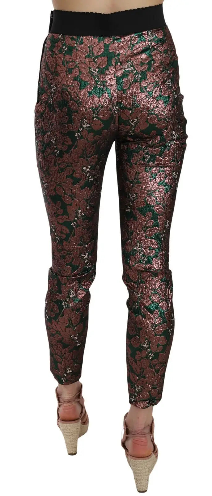 Pantalon court dolce & gabbana en jacquard brocart irisé multicolore avec motif floral métallique et taille élastique noire