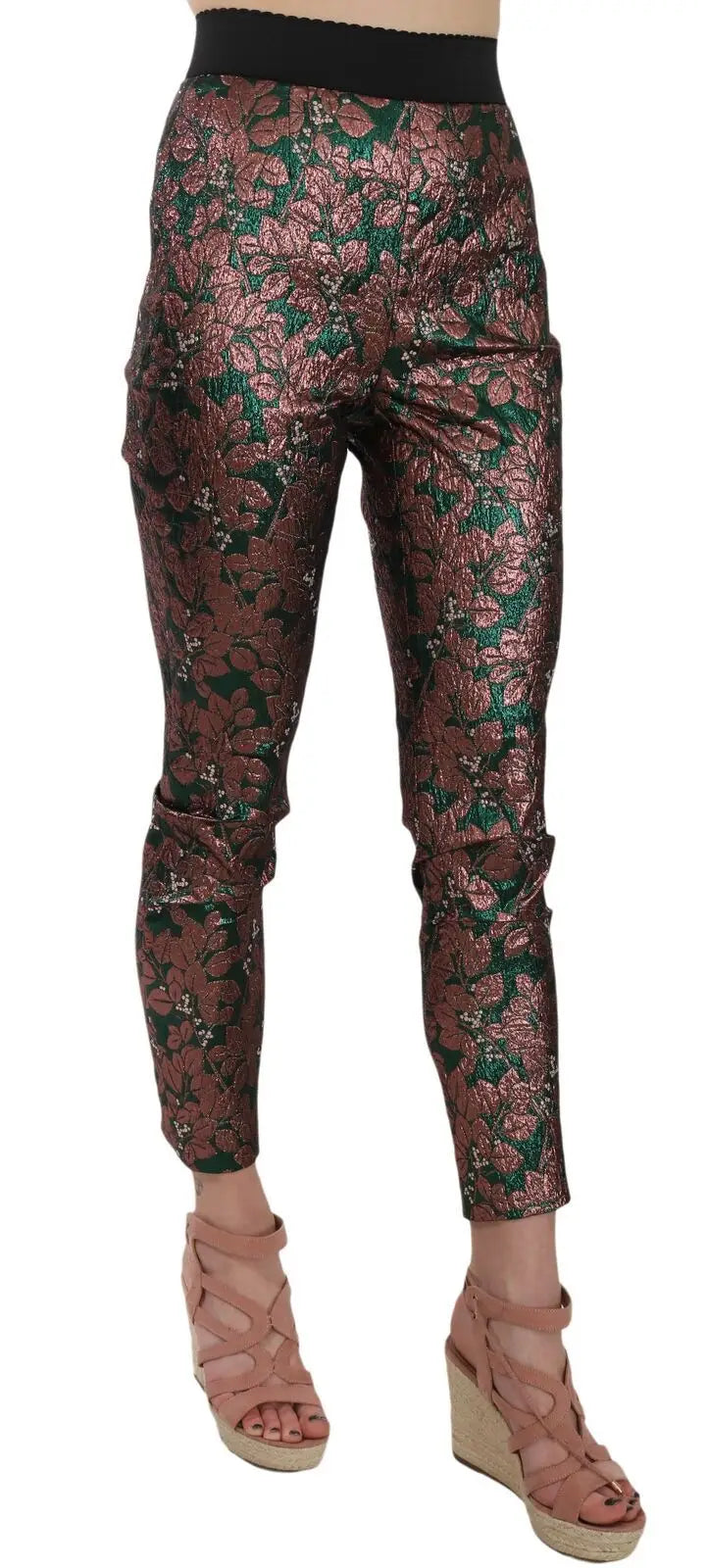 Pantalon court dolce & gabbana en brocart jacquard irisé multicolore avec motif floral bordeaux et vert et taille élastique