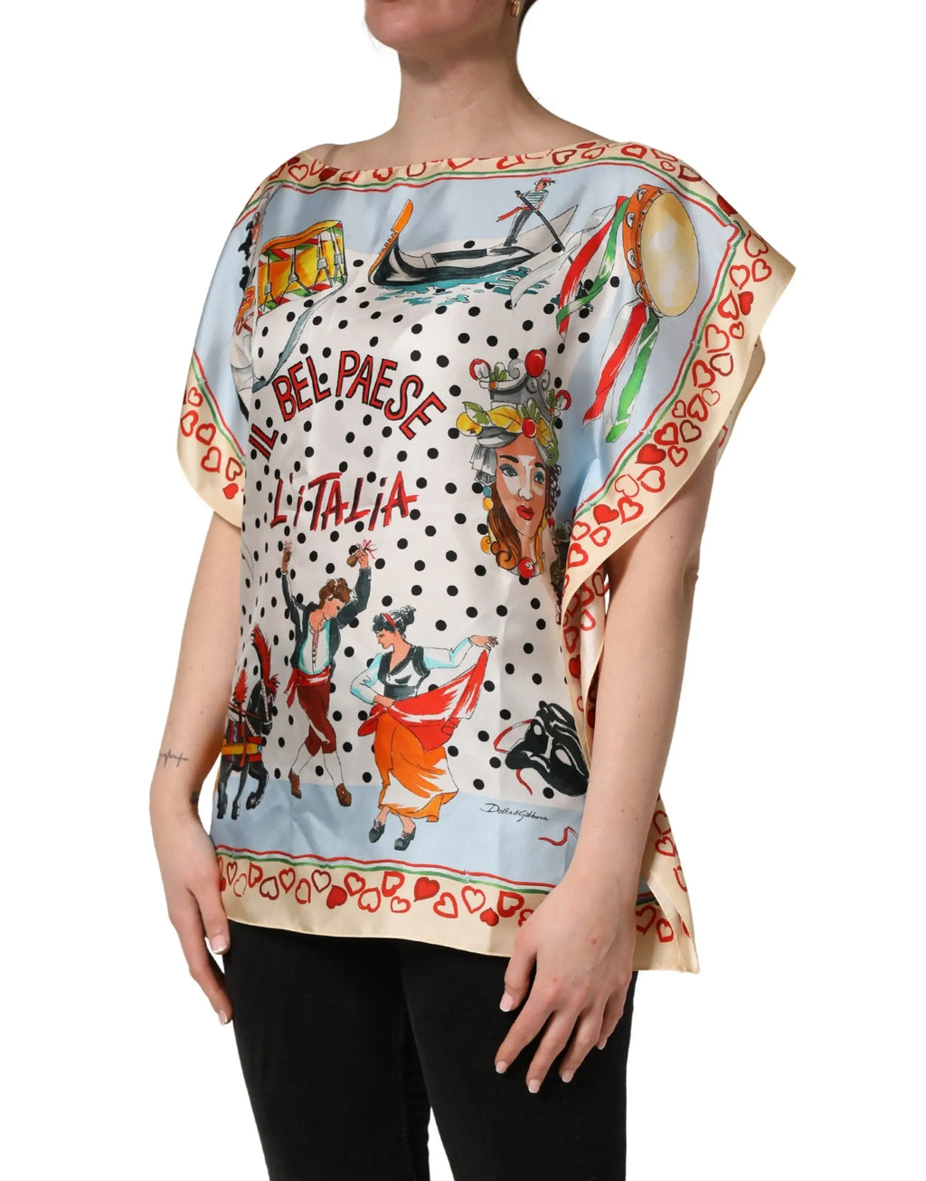 Blouse en soie dolce & gabbana bleu clair et crème avec imprimé italien coloré danseurs et instruments