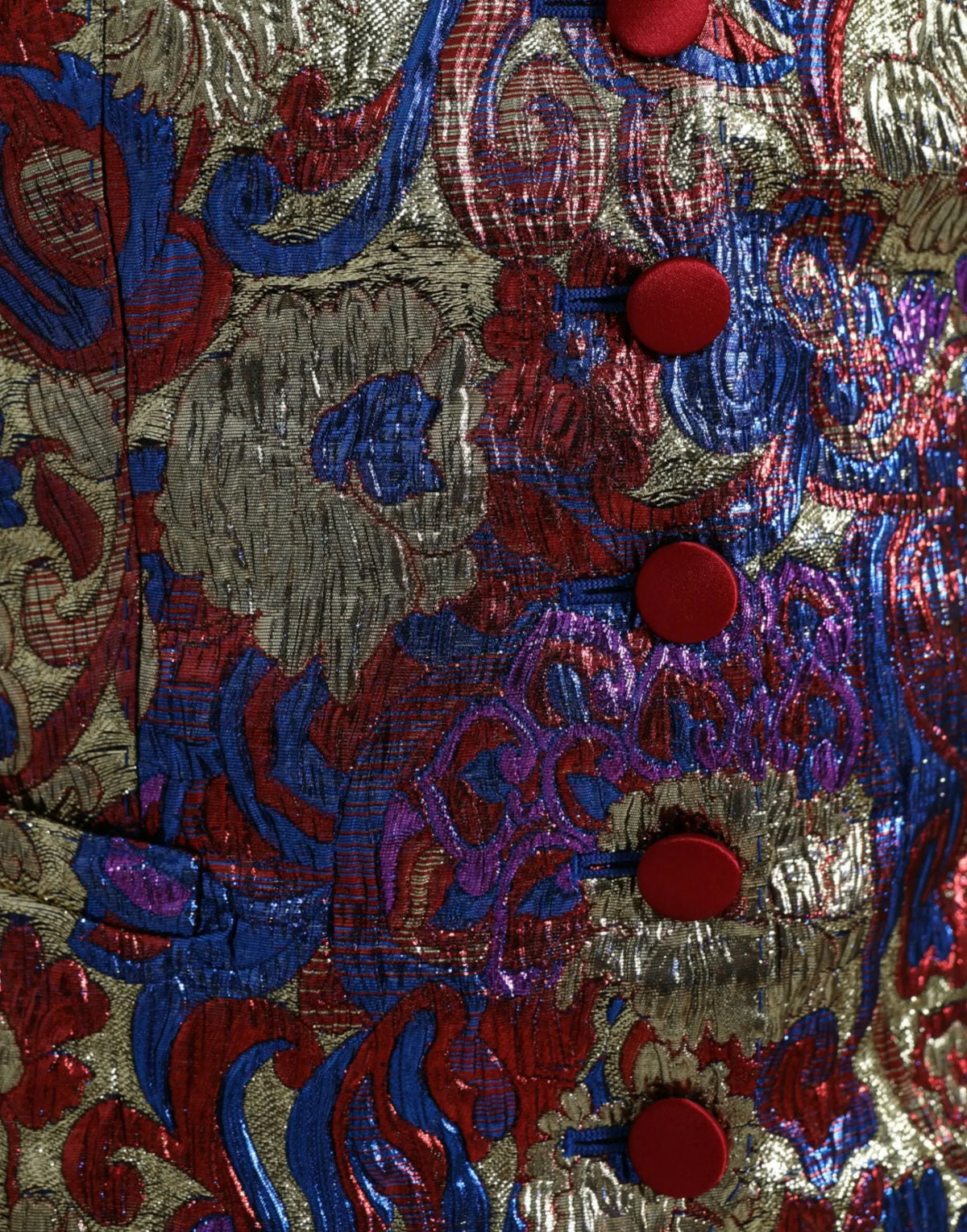 Dolce & gabbana multicolor jacquard waistcoat vest top en brocart metallique avec motifs floraux rouges et bleus et boutons cramoisis