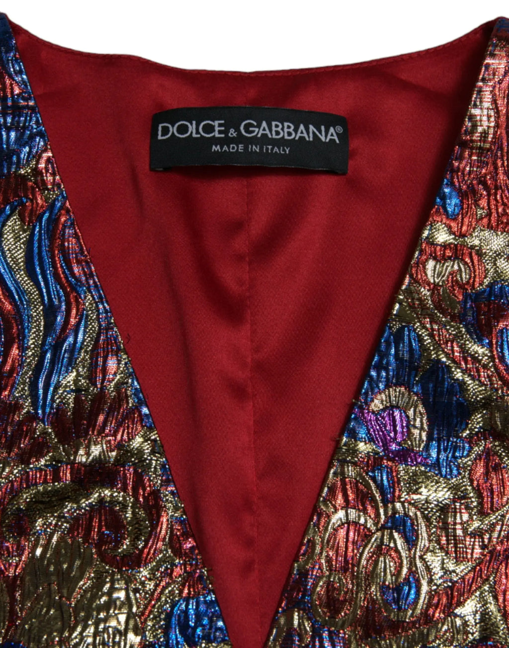 Dolce & gabbana waistcoat vest top en jacquard multicolore avec motif paisley métallique doré, bleu et rouge doublure en satin bordeaux