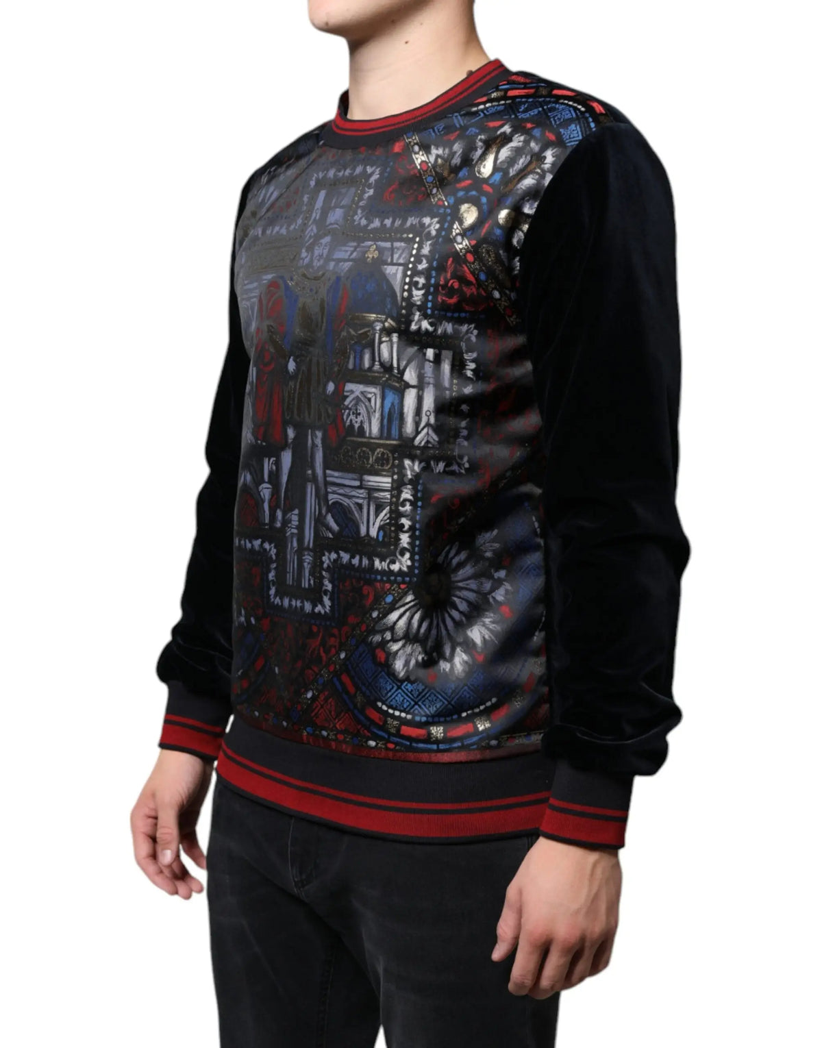Sweatshirt dolce gabbana en velours noir avec imprimé cathédrale en vitrail rouge bleu et argenté