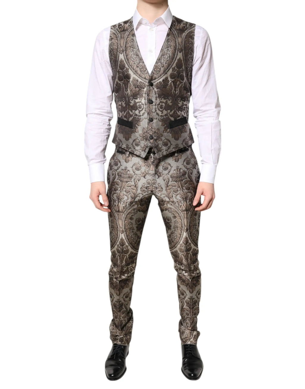 Dolce & gabbana multicolor jacquard costume trois pièces avec gilet homme gris charbon et or à motifs paisley baroques