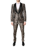 Dolce & gabbana costume trois pièces charbon à motifs paisley en jacquard multicolore avec revers satin noir et pochettes assorties
