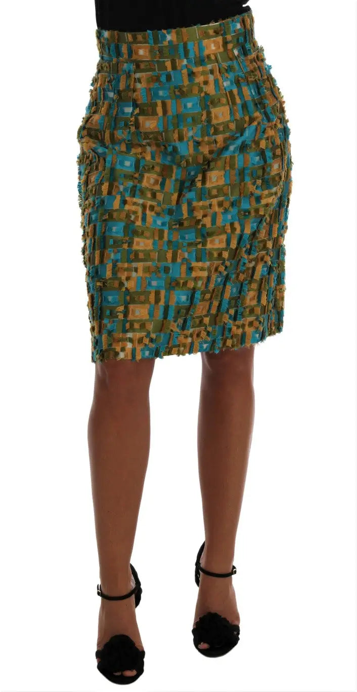 Jupe crayon droite Dolce & Gabbana en jacquard multicolore avec motif géométrique et ourlet effiloché texturé