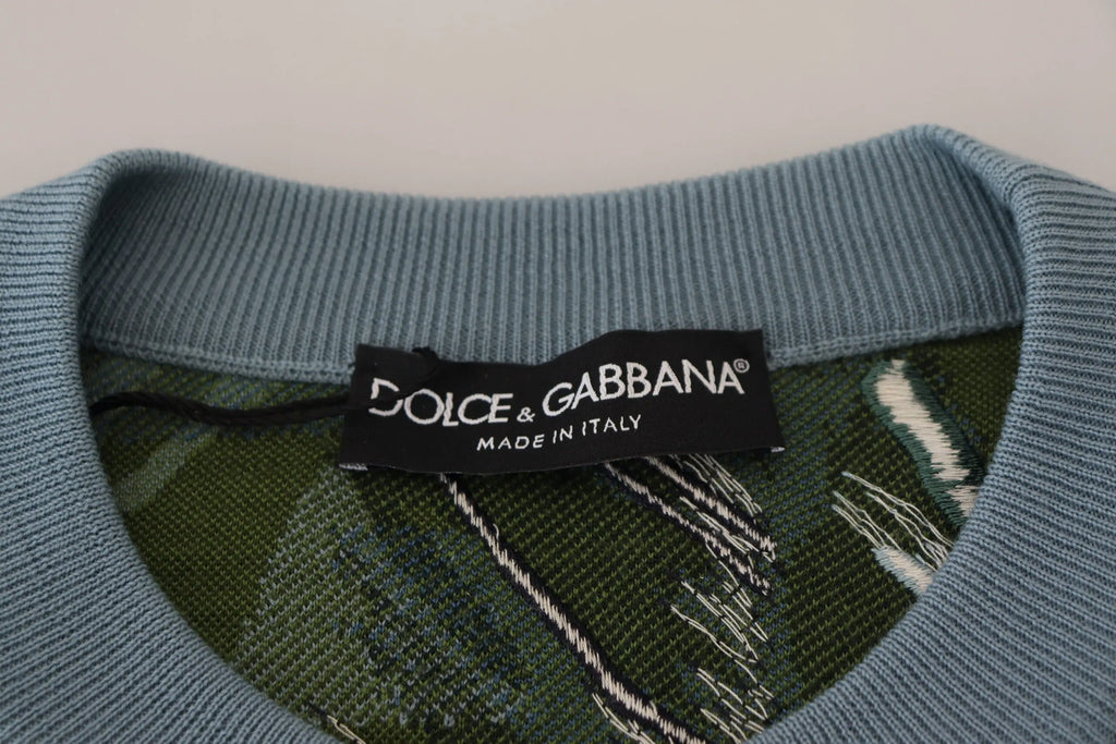 Dolce gabbana pull en laine multicolore avec col côtelé bleu clair et corps vert olive motifs géométriques blancs