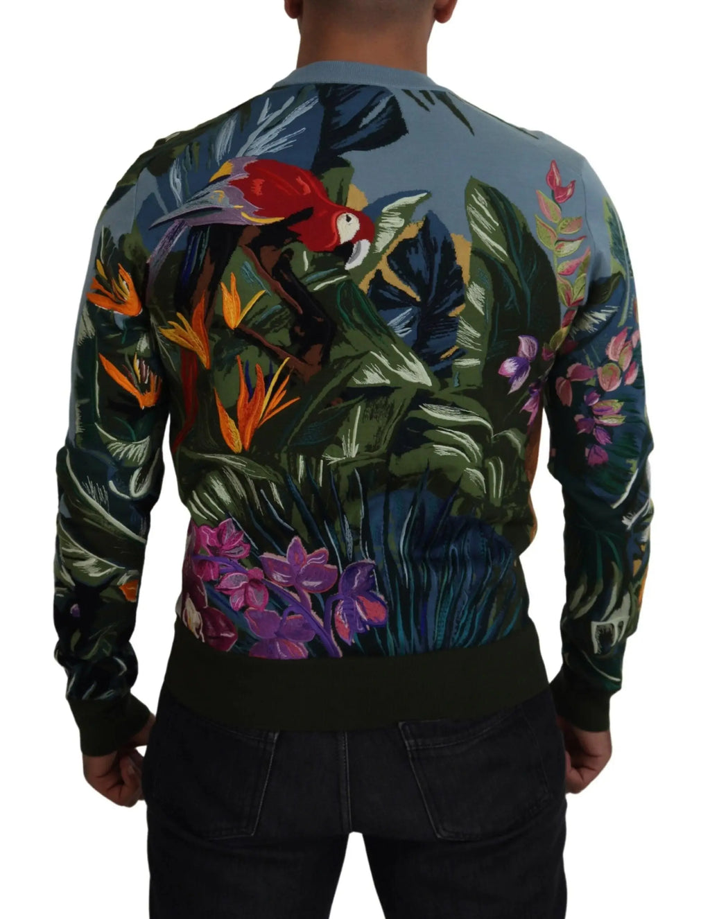 Dolce & gabbana pull en laine multicolore avec imprimé tropical de perroquets, feuilles et fleurs sur fond bleu foncé
