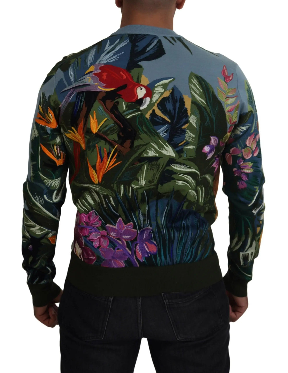 Dolce & gabbana pull en laine multicolore avec imprimé tropical de perroquets, feuilles et fleurs sur fond bleu foncé