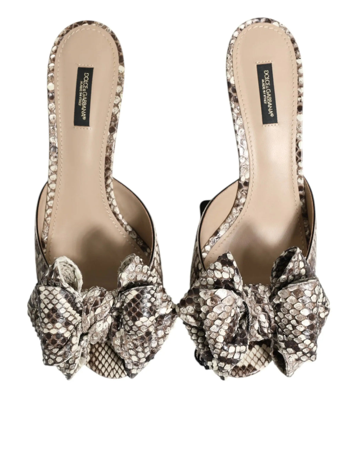 Mules dolce & gabbana keira en cuir multicolore avec imprimé serpent argenté et noir et grand nœud devant