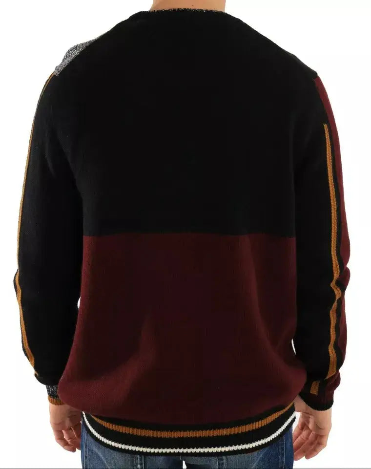 Pull en maille noire et bordeaux à blocs de couleurs avec manches bordées d or et ourlet côtelé en cachemire dolce gabbana