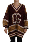 Pull-over v en dentelle multicolore dolce gabbana avec logo dg blanc et couleurs marron et or varsity