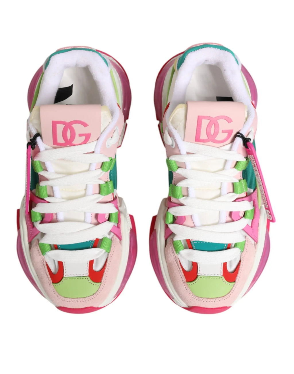 Baskets basses dolce & gabbana airmaster en cuir multicolore pastel rose neon vert avec lacets blancs et accents rouges